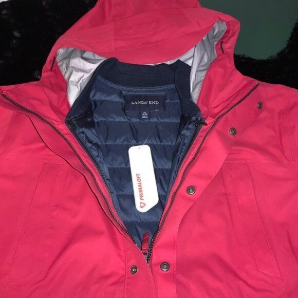 Lands End Red Hooded Waterproof Parka Coat W/ PrimaLoft Insulated Interior - Picture 3 of 7